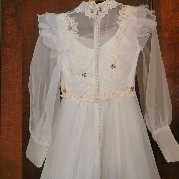 Vintage 60s Wedding Dress Long Veil Train Ruffles Floral Lace Barbie Pink 1960 - Picture 4 of 16